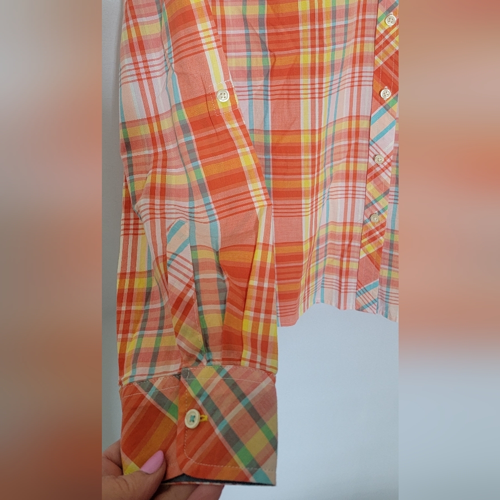Talbots Orange, Blue & White Button Down Shirt Size Large - Picture 3 of 11